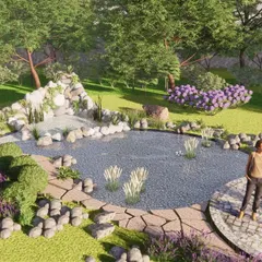 A 3D render of a naturalistic pond designed to blend seamlessly with its surroundings. The use of organic shapes, rock borders, and native-style plantings creates a peaceful, nature-inspired water feature that feels as if it were carved by nature itself.