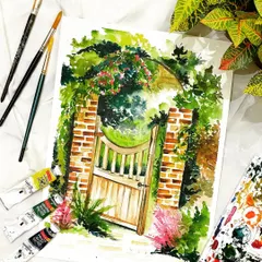 We explored lush greenery and textures in this garden gate painting from another online watercolor batch. This piece teaches techniques for painting foliage and wood.
