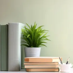 The same desk plant shown in a different context, placed among books. This demonstrates how easily our smaller plants can be integrated into existing decor to liven up a space.