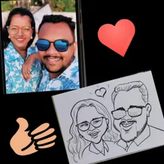 Side-by-side with the original photo, this shows how I translate a real moment into a fun cartoon. This is a great example of a personalized couple portrait.