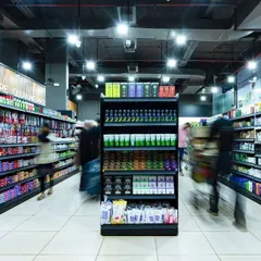 For the Shopprix supermarket, I designed wide, clean aisles with strategic lighting to create an inviting and easy-to-navigate shopping experience. The motion in this shot captures the dynamic energy of a well-functioning retail space.