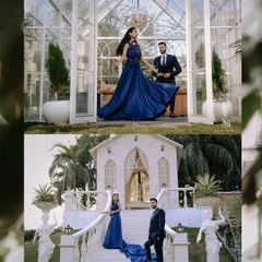 A fairytale-like pre-wedding scene. The bride's magnificent blue gown cascades down the white stairs, creating a truly magical and memorable photograph.