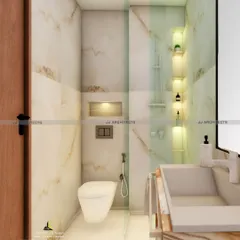 This was for one of our smallest projects, a toilet renovation in CR Park. The design uses light-colored marble-look tiles and built-in, lit niches to make the small space feel brighter and more spacious.