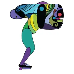An abstract, multi-colored figure on wheels, representing movement and the journey of life.