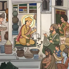 This illustration depicts the story of Guru Nanak Dev Ji weighing provisions and repeating 'Tera, Tera' or 'All is Yours', signifying selfless service. It is a foundational story from my Sikh heritage that inspires me to create art that serves a deeper purpose.