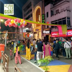 A view of Pune's Lakshmi Road during Pedestrian Day, transformed into a vibrant, people-oriented street. This event highlights the potential for creating inclusive and sustainable urban spaces by temporarily reclaiming streets for community enjoyment and interaction.