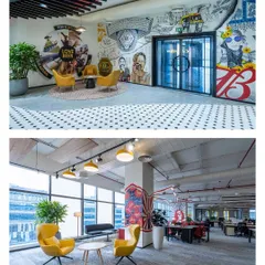 This collage shows two views of the AbInbev office. The top frame highlights the reception mural, while the bottom shows how we carried the artistic energy into the workspace with hand-painted columns and vibrant seating areas.