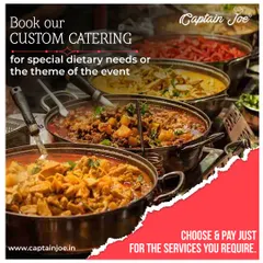 We offer custom catering for special dietary needs or event themes. This image shows a variety of rich, flavorful curries in large bowls, highlighting the depth of our Indian cuisine offerings.