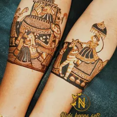 A royal bridal entry scene, showing the bride in a doli carried on an elephant and the groom arriving on a horse. This is a grand and traditional theme for a full bridal mehandi.