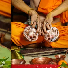 A close-up of the sacred 'kalash' and other ritual items used in a thread ceremony. Capturing these details is important to tell the complete story of the Munj and its deep-rooted traditions.