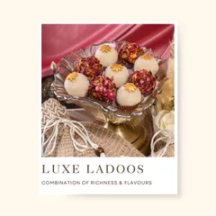 My luxe ladoos are a combination of richness and flavor. This platter showcases coconut and rose-petal ladoos, each topped with a delicate golden leaf for an extra touch of opulence.