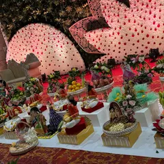 An angled view of a large platter display, showing the depth and variety of the arrangements.