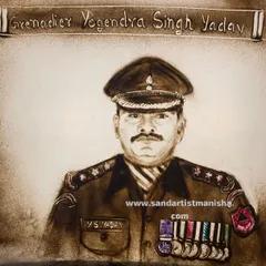 A sand portrait of Grenadier Yogendra Singh Yadav, a true hero of the Kargil War. Creating tributes for our brave jawans is a profound privilege, using my art to honour their sacrifice and valour for our desh.