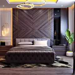 This elegant bedroom showcases a dark wood accent wall with a chevron pattern and brass inlays. A tufted bench and modern pendant lights add to the sophisticated and luxurious atmosphere.