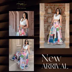 A "New Arrival" collage showcasing a vibrant patchwork lehenga skirt. This piece is a true work of art, perfect for a bohemian-chic look.