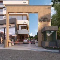 The main entrance gate for the commercial complex, designed to be both secure and welcoming. The clean lines and use of concrete and wood textures reflect the architectural language of the main tower, creating a cohesive identity for the entire site.