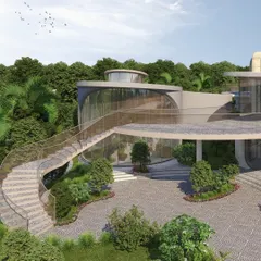 A perspective of the Cipla Museum, showing the grand, curved staircase that leads visitors through the space. The extensive use of glass and the fluid lines of the structure are designed to create a seamless indoor-outdoor experience.