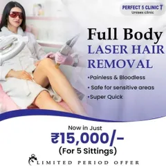 We believe in making permanent hair reduction accessible. This is our limited-period offer for a full body laser hair removal package, which includes five sittings. The treatment is painless, bloodless, and safe even for sensitive areas.