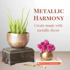 Create a sense of harmony with metallic decor. This ribbed metal planter, paired with a small brass vase, shows how mixing textures and sizes can create a refined and artistic look on any surface.