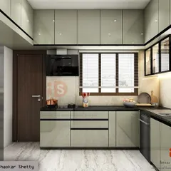 A photorealistic 3D render of a modular kitchen design. This allows the client to see exactly how the sage green cabinets, black granite countertop, and built-in appliances will look in their home.