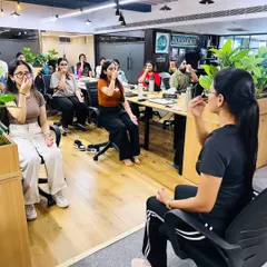Bringing wellness to the workplace with a corporate yoga session. I guide employees through simple yet effective pranayama, or breathwork, techniques that can be done right at their desks to reduce stress, improve focus, and boost productivity.