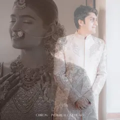 An artistic double exposure portrait blending the bride's serene, smiling profile with the groom's thoughtful portrait. This creative technique beautifully symbolizes their two hearts becoming one.