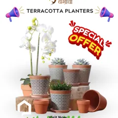 I offer a wide variety of terracotta planters, from simple, classic pots to those with detailed geometric patterns. This image shows a selection of the styles available at my Haldwani store, perfect for any plant and decor theme.
