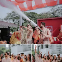 The party starts here. Capturing the couple's high-energy entrance with a smoke cannon, this collage shows the fun and modern twist they brought to their Haldi ceremony.