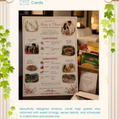 Keep your guests informed and excited with a beautifully designed wedding itinerary card. This example for Naman and Divya includes event timings, locations, and custom illustrations that match their wedding theme.