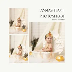 A collage showcasing different angles and moments from the Janmashtami photoshoot. It provides a complete look at the beautiful setup, the baby's costume, and the sacred, joyful atmosphere of the session.