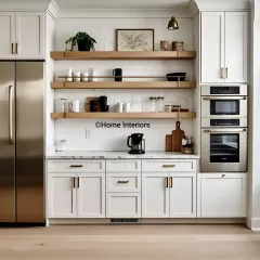 A classic all-white kitchen with a modern farmhouse feel. I used shaker-style cabinets, open wood shelving, and brass hardware to create a bright, timeless, and welcoming space.