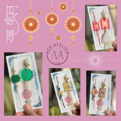 This collage showcases the variety in my Rakhi and Lumba collection. From traditional tassels to modern geometric shapes, each set is handcrafted with care.