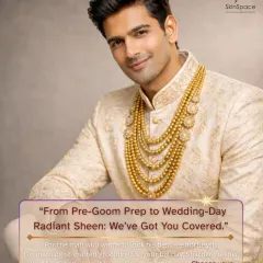 We believe grooms deserve to look and feel their absolute best too. This visual introduces our dedicated Groom Glow Collection, with custom-crafted programs that ensure sharp, fresh, and wedding-ready skin. We cover everything from pre-groom prep to achieving that final radiant sheen.