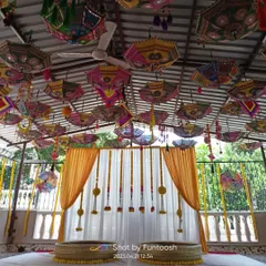 The full view of the vibrant umbrella Haldi decor, perfect for an outdoor or semi-outdoor venue. It creates a very festive and traditional atmosphere.