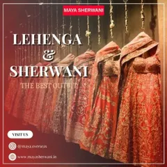My store has a vast collection of lehengas and sherwanis ready for you. This image shows a rack of my handpicked bridal lehengas, each with unique embroidery and design, waiting for you to try on.