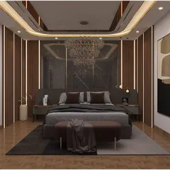 This master bedroom concept exudes dark, moody luxury with wood-paneled walls, a dramatic chandelier, and a sophisticated color palette.