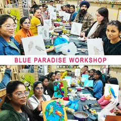 Before and after shots from our "Blue Paradise" clay workshop, showing the progression from unpainted clay models to vibrant finished artworks.
