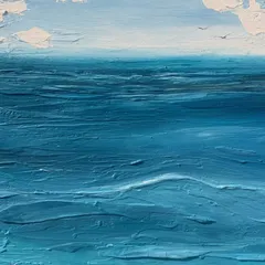 A close-up of the textured ocean painting from the featured section. The thick acrylic paint is sculpted to create the crests of the waves and the fluffy clouds.