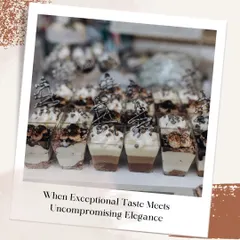 When exceptional taste meets uncompromising elegance, you get desserts like these. This photo shows our layered mousse cups, beautifully presented and ready to delight your guests.