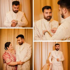 A collage dedicated to the groom's getting ready process. From adjusting his watch to sharing a tender moment with his mother, we document the important details and emotions before he steps out.