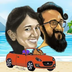 A custom digital caricature created as a wedding gift for a lovely couple. They are pictured with their car against a beach backdrop, making it a personalized and memorable piece of art that celebrates their journey together.