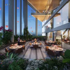 The alfresco dining terraces at the Narmada commercial tower in GIFT City. These spaces are designed to feel like elevated gardens, offering stunning views and a refreshing, nature-filled dining experience.