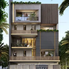 A detailed 3D render of a modern home facade. This design features a balanced composition of grey stone tiles, dark wood-finish vertical louvers, and glass railings, creating a sophisticated and textured exterior.