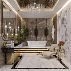 A grand bathroom that feels like a personal sanctuary. The expansive layout features a freestanding bathtub, stunning mosaic patterns, and exquisite handmade horse tiles, combining luxury and artistry.