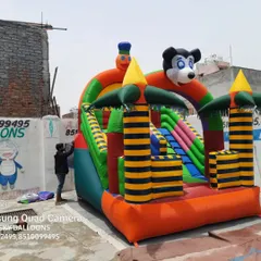 This is a 12 by 18 feet Mickey Mouse themed inflatable, which combines a jumping area with a slide. Combination units like this are always in demand because they offer two types of fun in one structure, giving your customers great value.