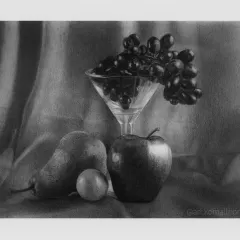 A still life composition titled "A Stillness So True." This piece was a practice in patience, capturing the different textures of grapes, an apple, a pear, and a glass.