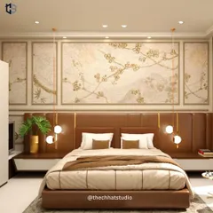 Your master bedroom should be a personal retreat. In this design, I combined a rich, brown leather headboard with a delicate, custom floral mural and soft pendant lighting to create an atmosphere of pure luxury and calm.