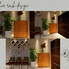 A collage showing a shoe rack and entryway design. This demonstrates how to create practical yet stylish furniture and decor elements to complete an interior space, using SketchUp for modeling and V-Ray for rendering.
