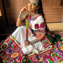 A full-length view of the Navratri look, showcasing the colorful ghagra choli and how the makeup complements the entire festive ensemble.