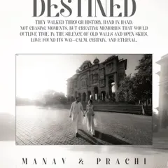 A black and white cinematic poster-style shot of Manav and Prachi walking hand-in-hand in Jaipur. This image captures the feeling of creating memories, not just chasing moments, against a backdrop of history.